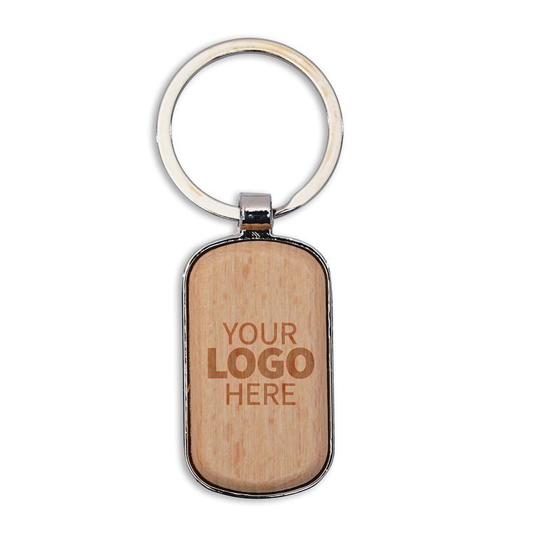 ROUND RECTANGULAR METAL KEYCHAIN WITH BAMBOO